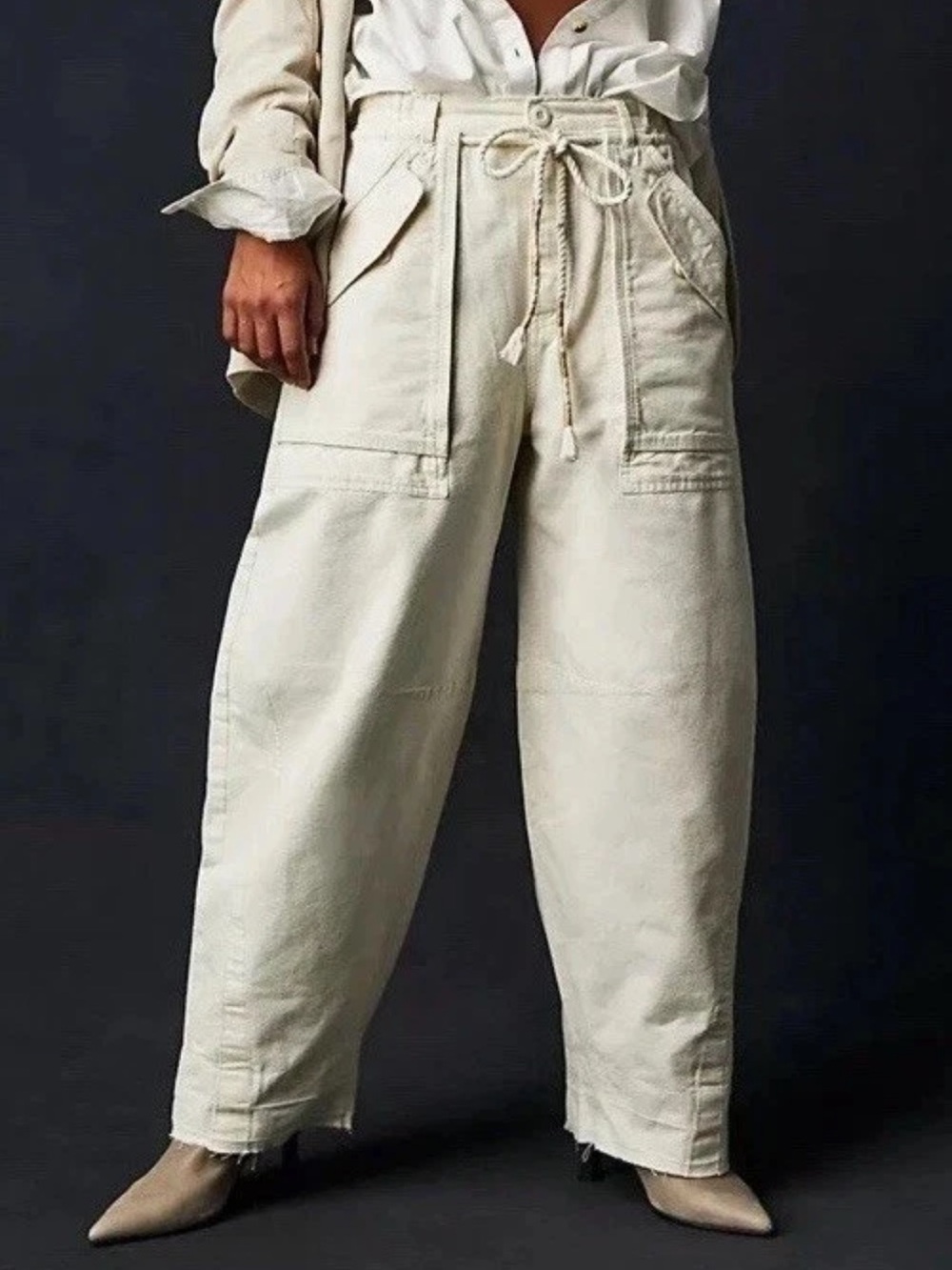 Free People To The Extreme Oversized Slouchy Cream Barrel Pants Cotton Linen M